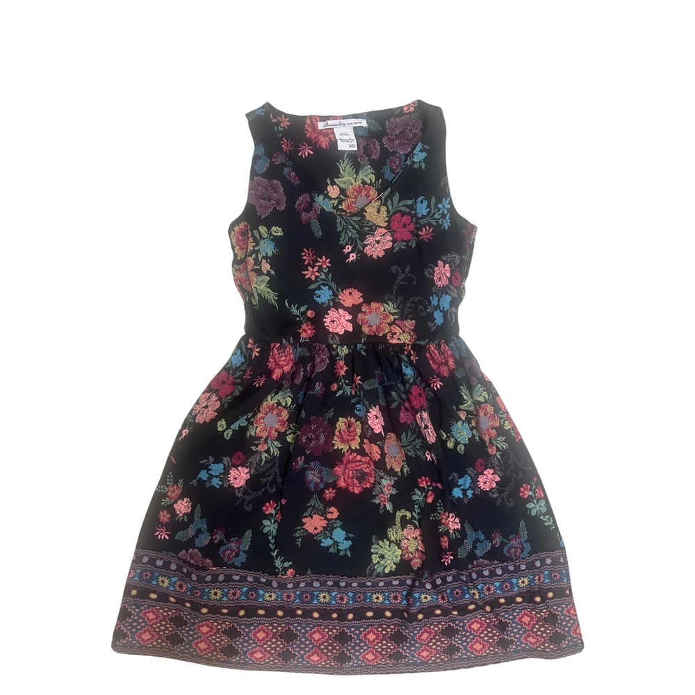 American Rag Dress Kids XS Black Excellence‎ Floral Border Print Sleeveless 32"